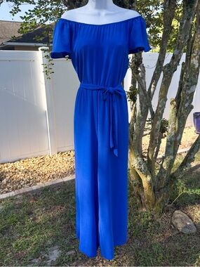 DKNY Off Shoulder Blue Jumpsuit Wide Leg Belted Size 8